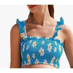 Summer Mae Ruffled Hem Smocked Daisy Swim Top Size Medium
